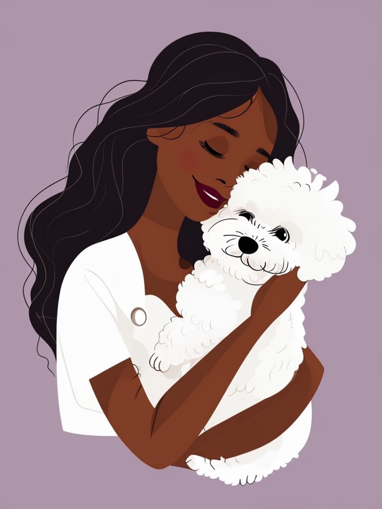 Affectionate Minimalist Illustration of Woman with Pet Dog Art
