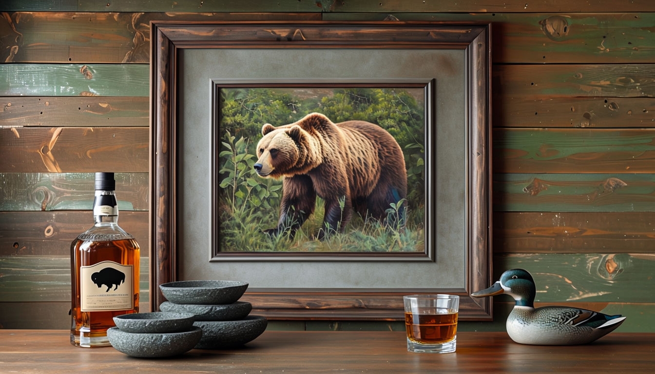 Rustic Grizzly Bear Oil Painting in Cozy Wooden Interior Art