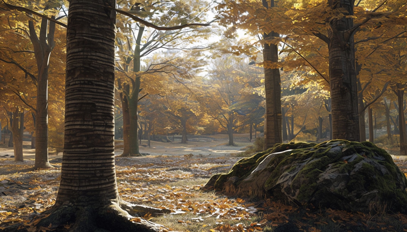 Serene Autumn Forest Scene in Realistic 3D Rendering Backgrounds