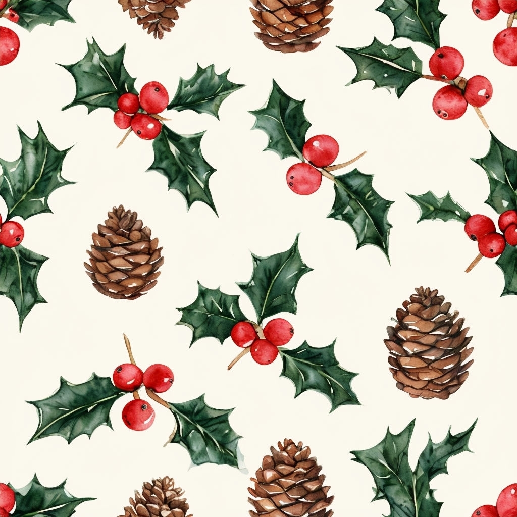 Festive Watercolor Holly Leaves and Pinecones Seamless Pattern