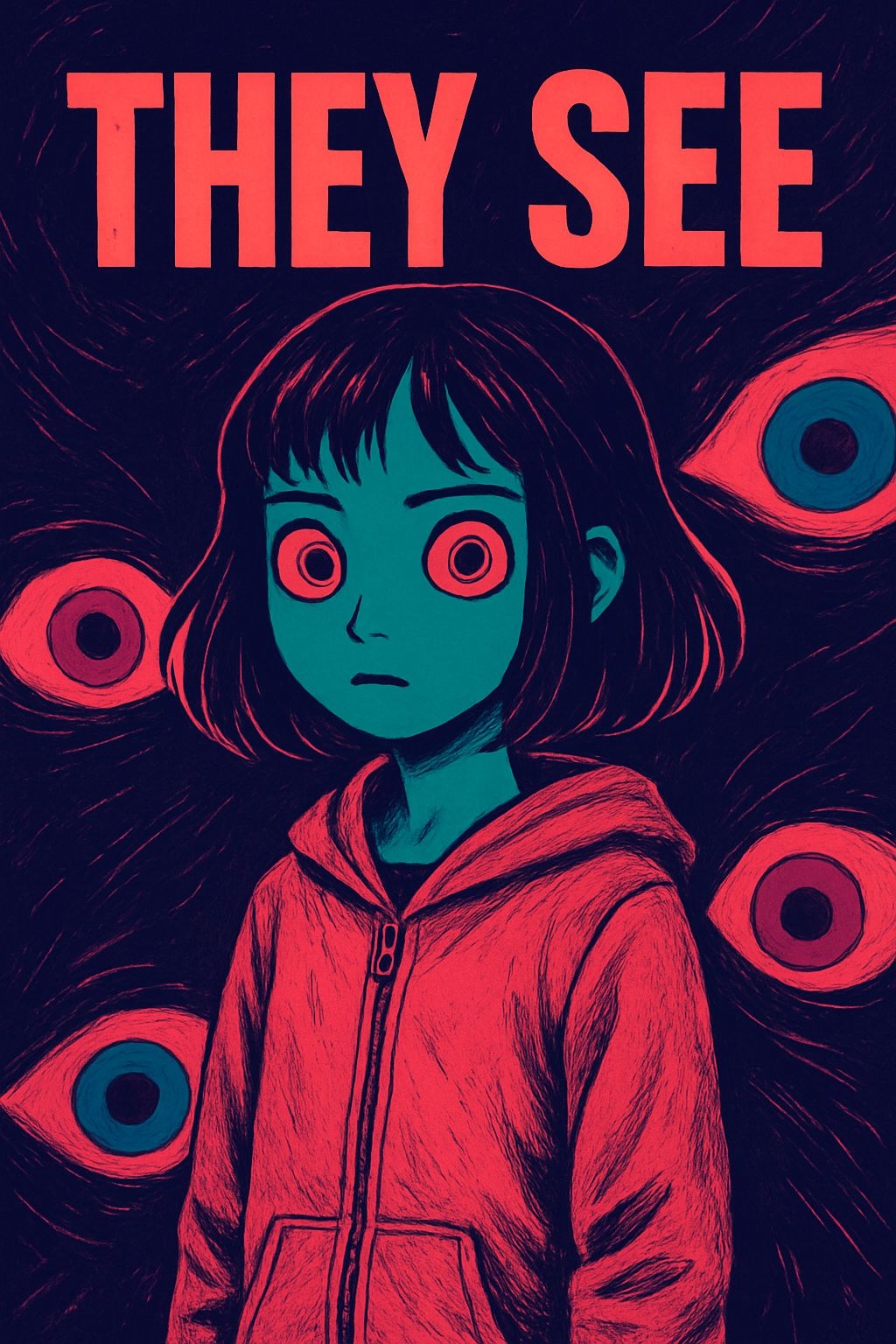 Surreal Girl with Neon Hoodie and Eyes Art Poster