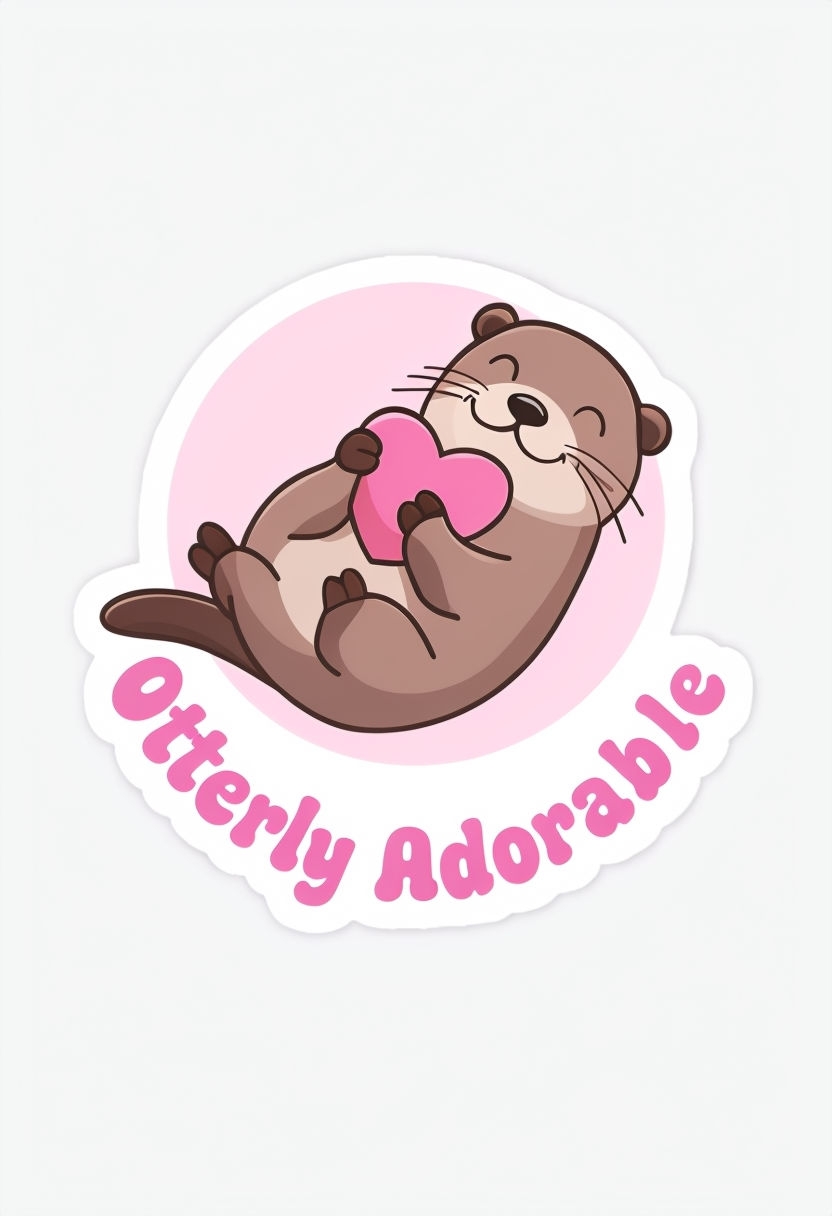 Happy Otter Holding Heart with 'Otterly Adorable' Sticker