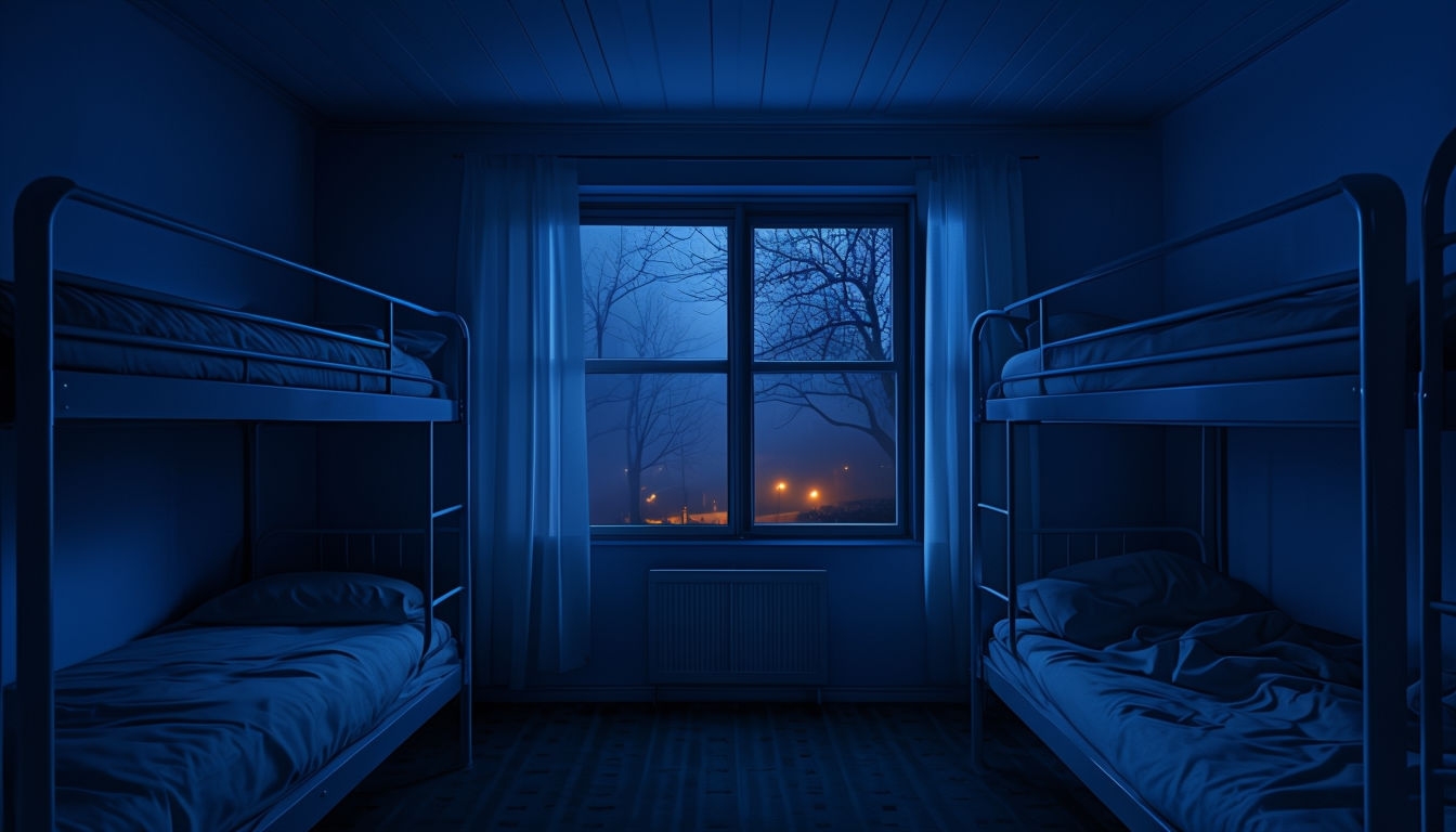 Eerie Blue Twilight Room with Bunk Beds Virtual Background