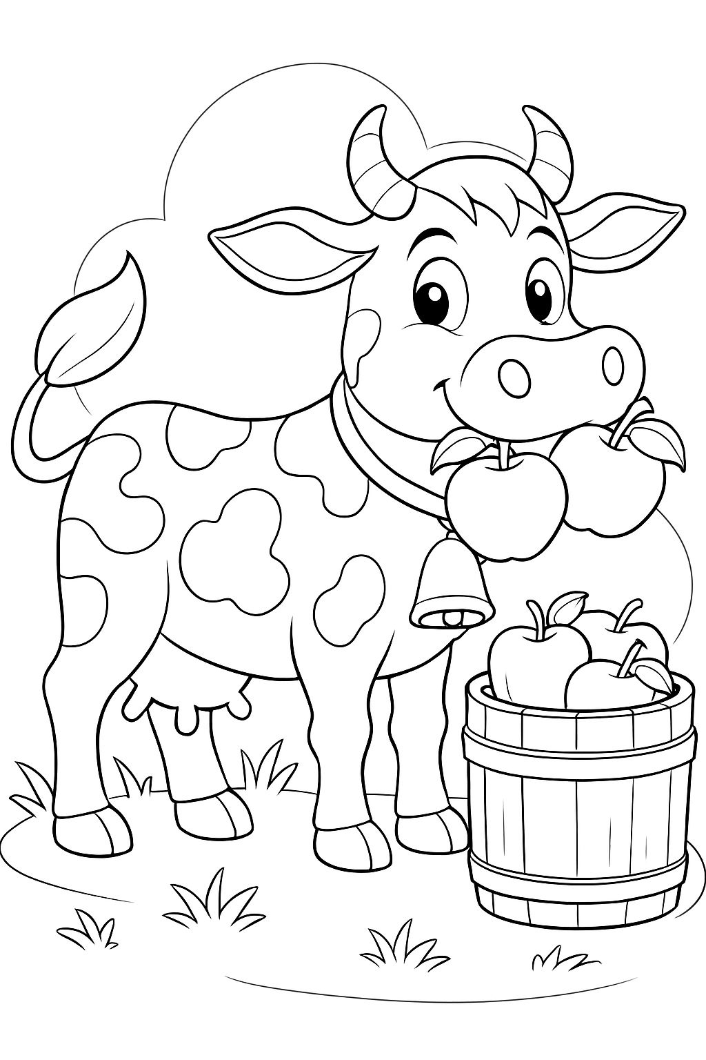 Cheerful Cartoon Cow with Apples Outdoor Scene Coloring Page