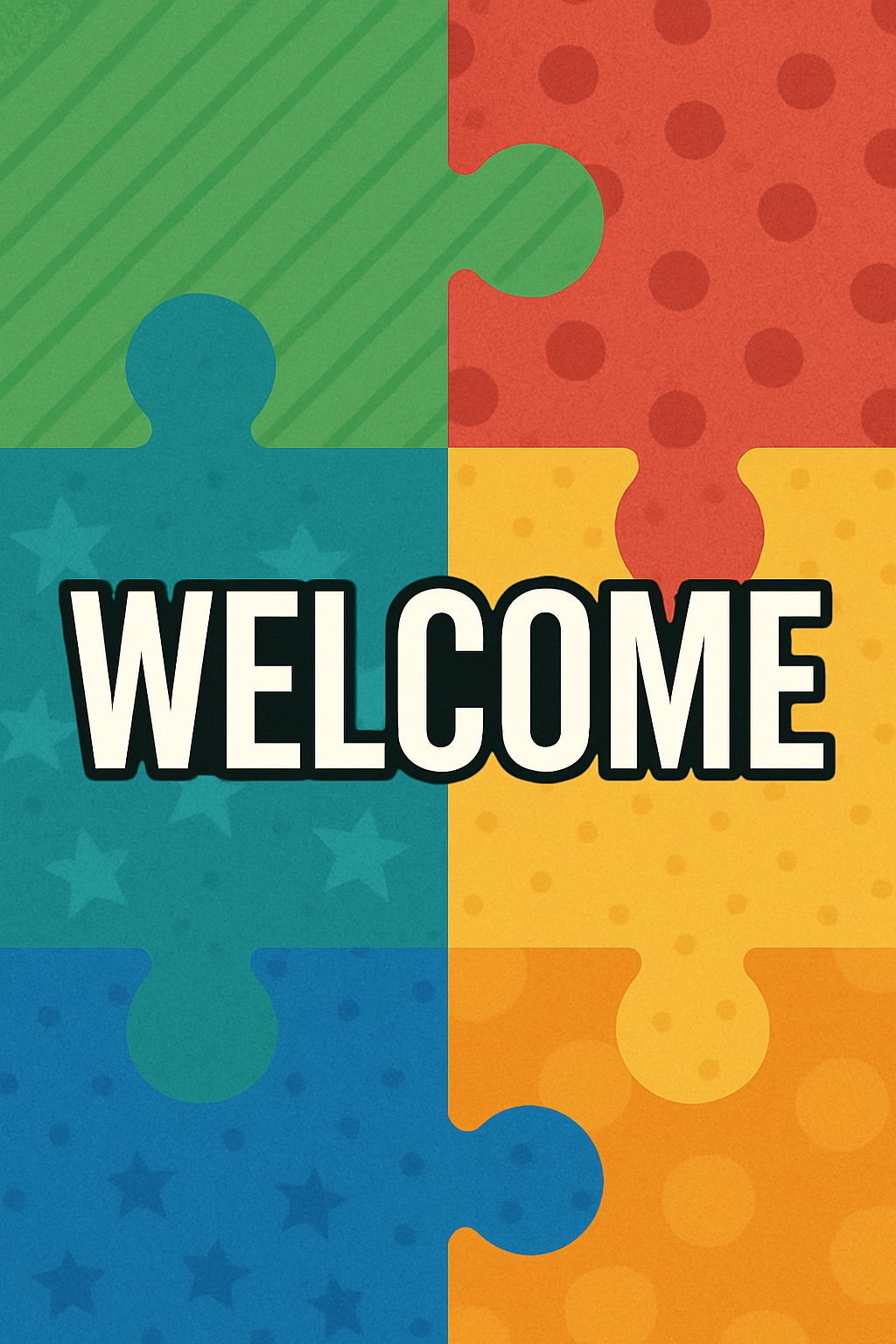 Vibrant Puzzle Piece Welcome Sign with Colorful Patterns Sticker