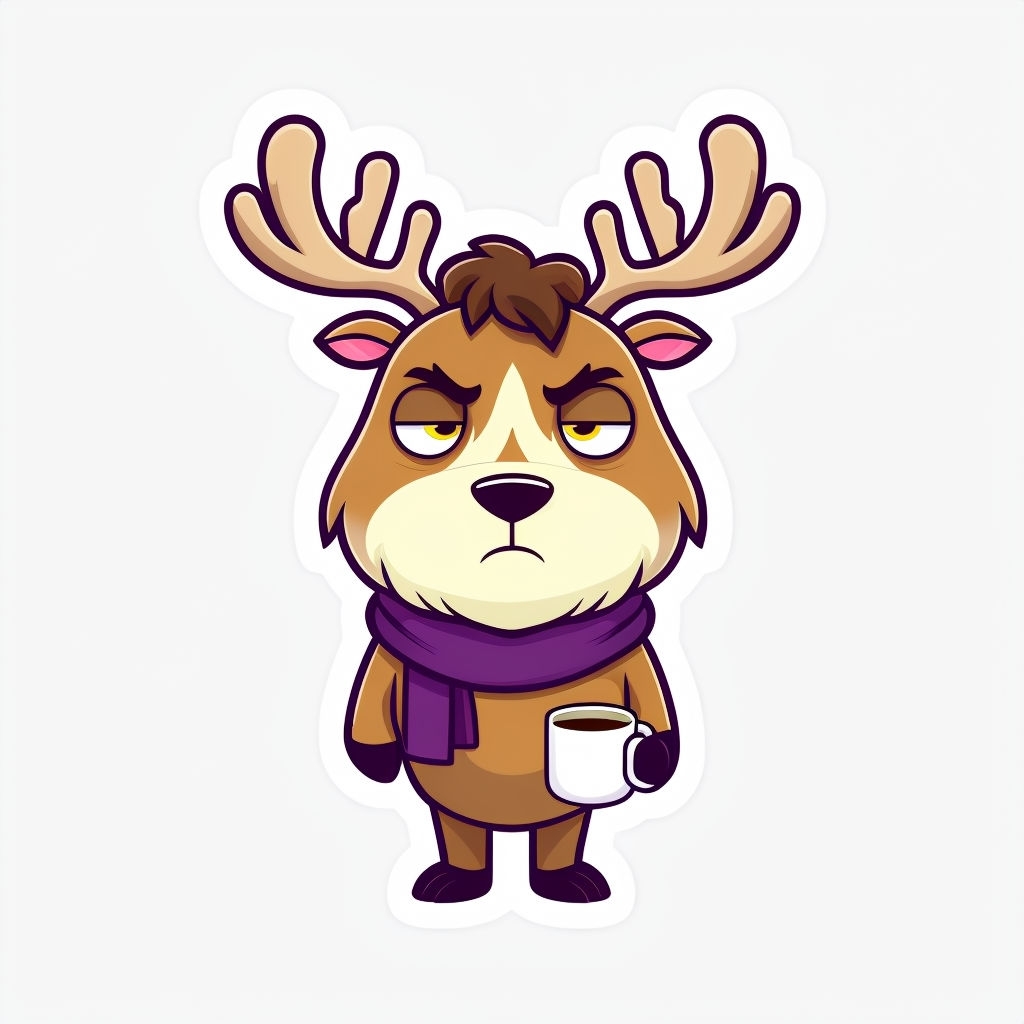 Tired Reindeer Character with Coffee Cartoon Sticker