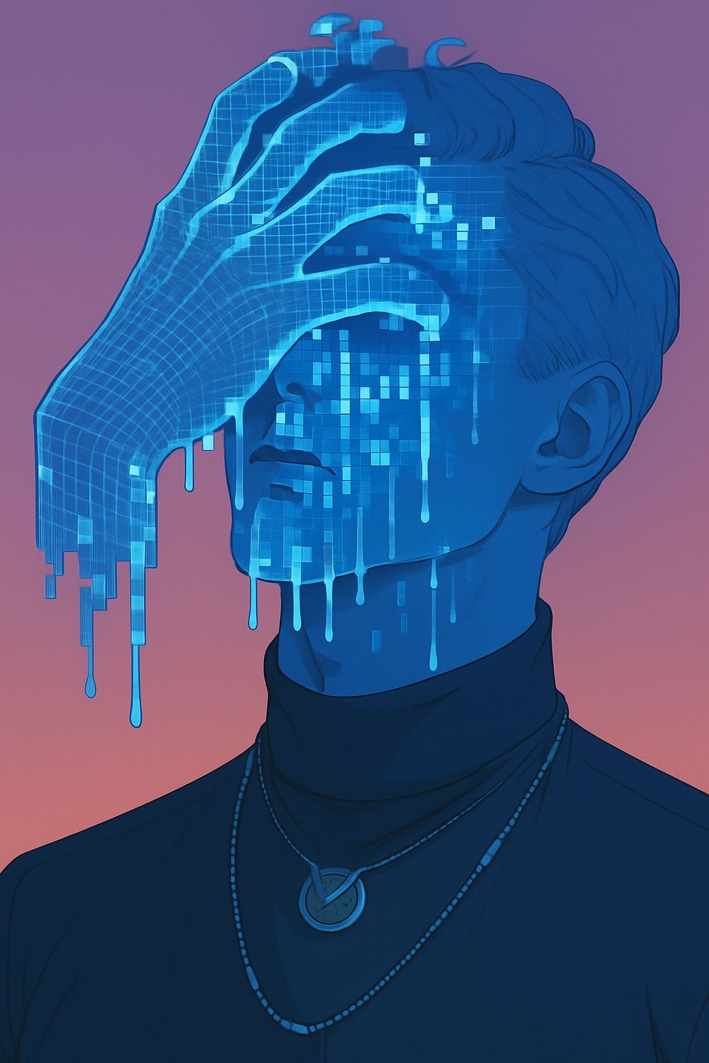 Futuristic Contemplation with Glowing Blue Hand Digital Art