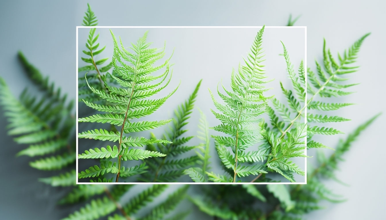 Elegant Botanical Fern Fronds Photograph with Soft Grey Background Social Media Post