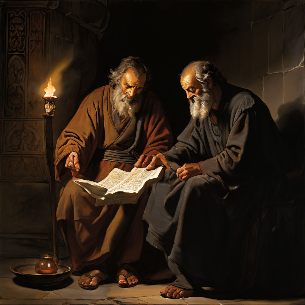 Priests Eli and Samuel as depicted in an ancient biblical ma... by