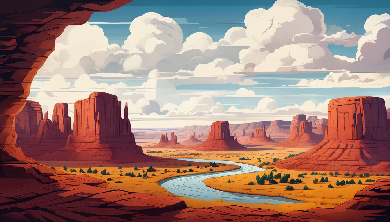 Serene Desert Landscape with Archway and River Virtual Background