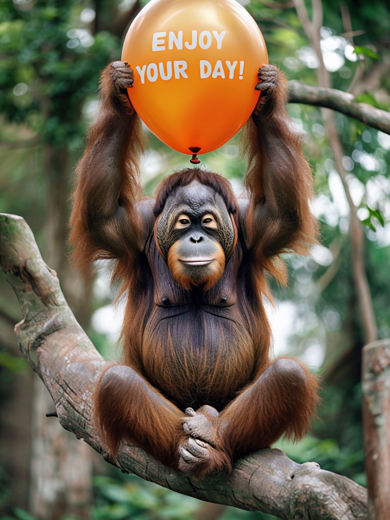 Cheerful Orangutan with Enjoy Your Day Balloon Photography Art