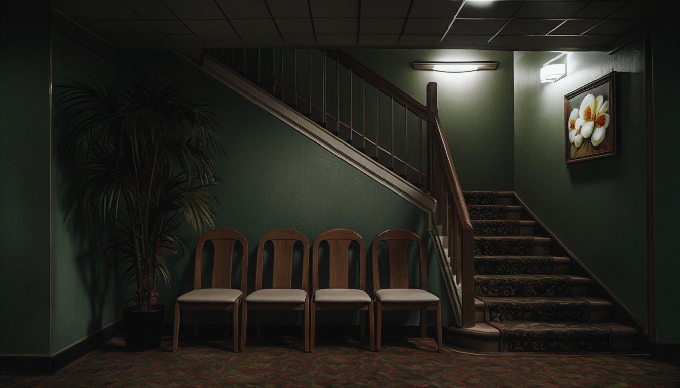 Cozy Indoor Waiting Area with Staircase and Decorative Plants Virtual Background
