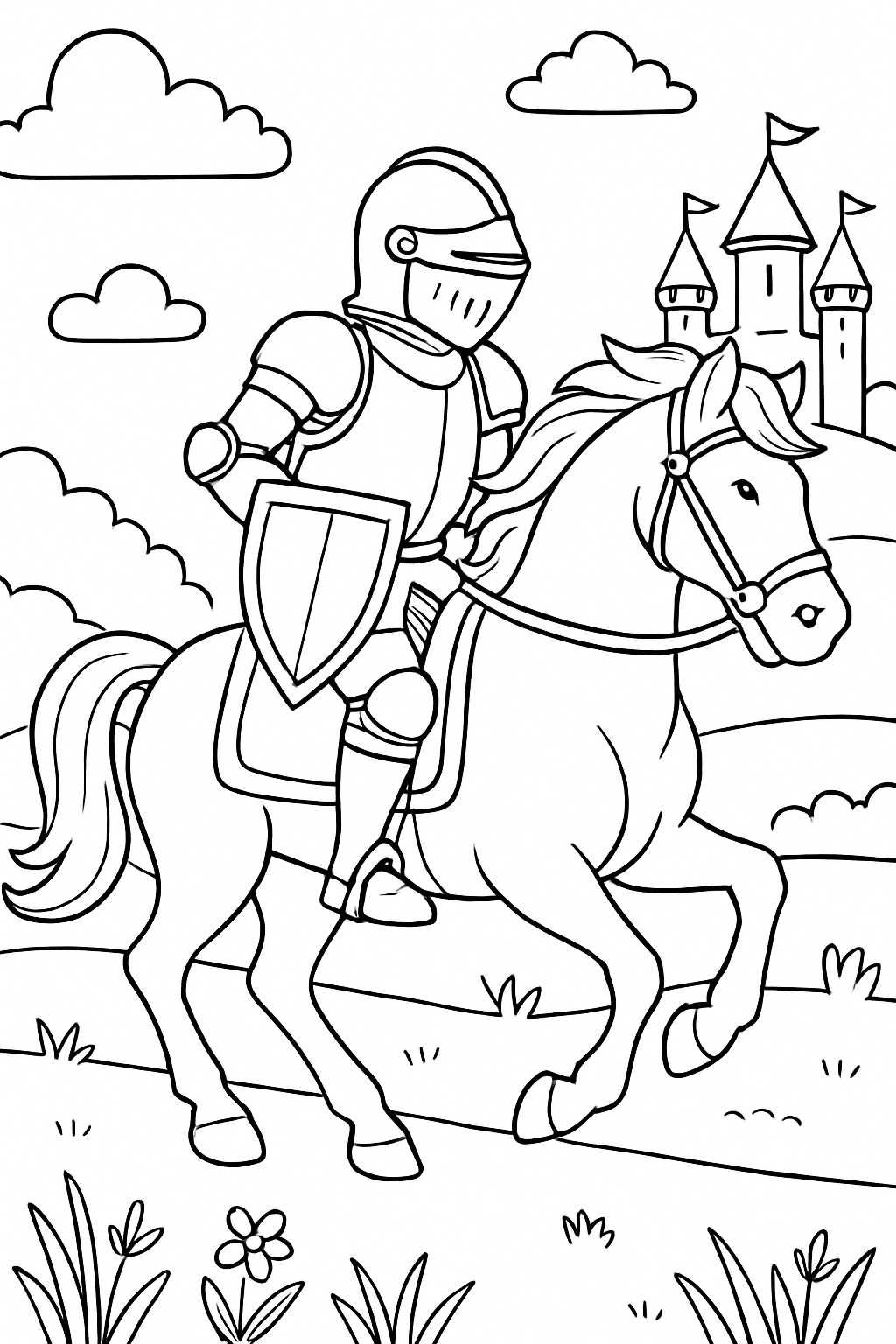 Knight on Horseback Adventure Line Drawing Coloring Page
