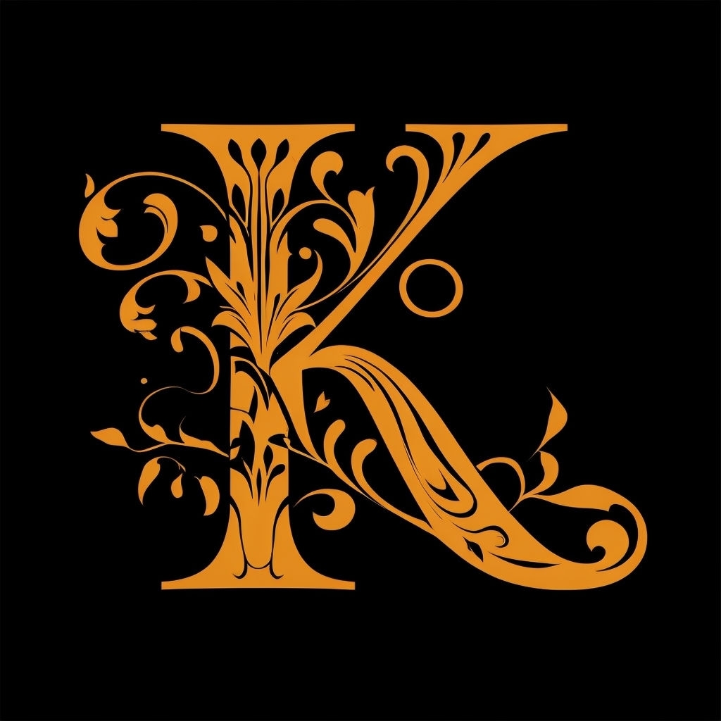 Ornate Amber Yellow Letter K with Floral Patterns Monogram