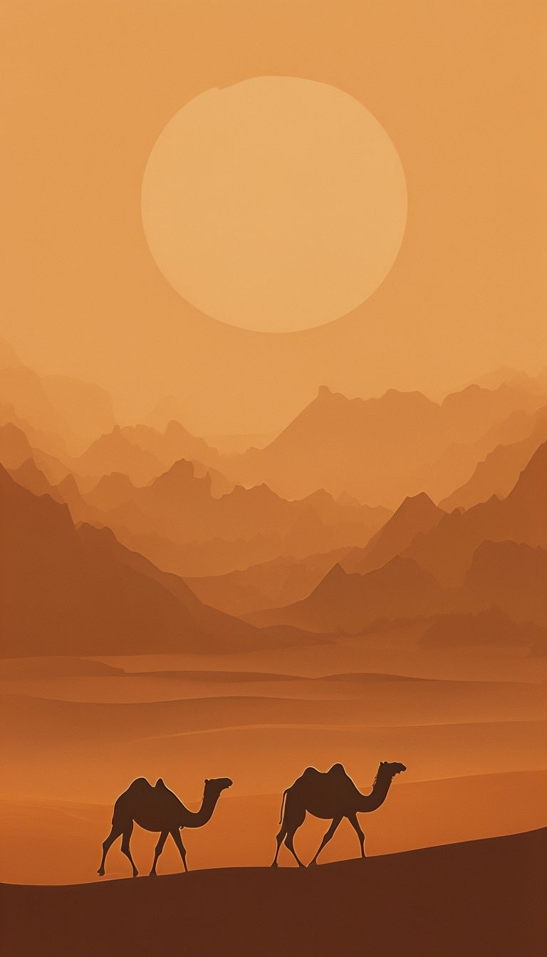 Minimalist Desert Landscape at Sunset with Silhouetted Camels Mobile Wallpaper