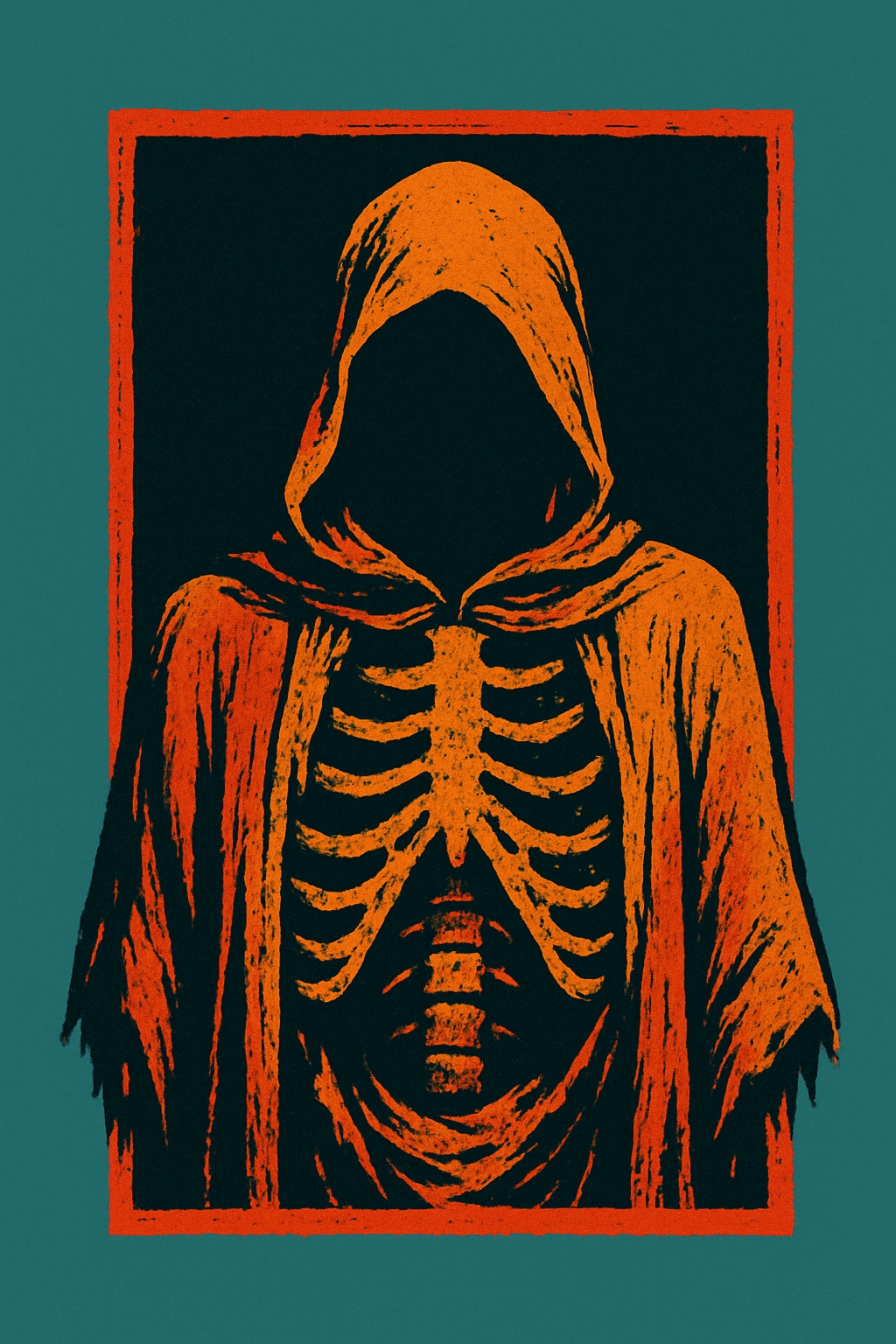 Menacing Figure with Ribcage Cloak Illustration T-Shirt