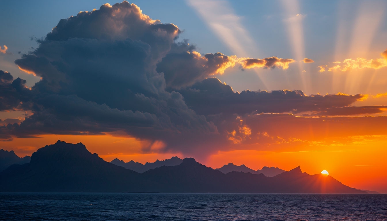 Dramatic Sunset Landscape with Ocean and Mountains Virtual Backgrounds