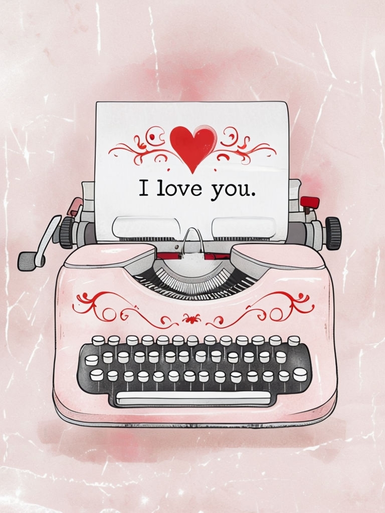 Vintage Pink Typewriter Illustration with Affectionate Message Card