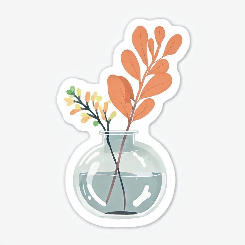 Modern Minimalist Glass Vase with Orange Leaves and Green Sprouts Sticker