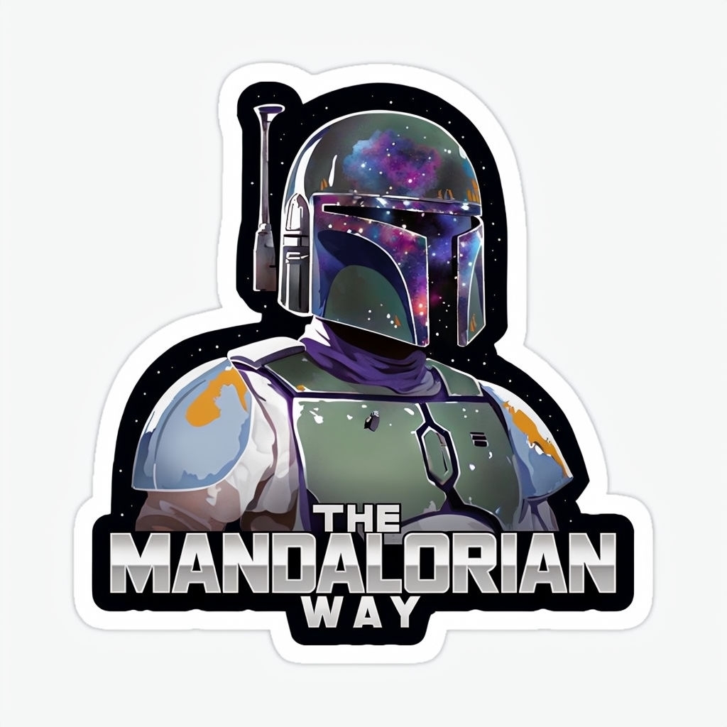 Vibrant Boba Fett Sticker with Cosmic Nebula Reflection