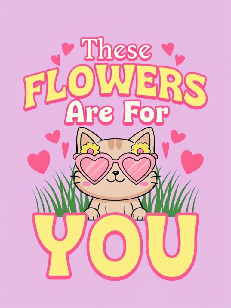 Cheerful Cartoon Flowers and Cat Illustration T-Shirt