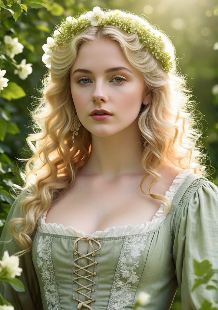 Prompt:  Macro vector portrait of a 20-year-old woman styled as an 18th-century peasant, featuring six distinct zones focusing on her loose, long blonde curls, adorned in a dress reflective of the era, surrounded by a soft-lit background of young green foliage and delicate pale flowers, with sunlight cascading from above, ultra-sharp detail, resolution 16K.