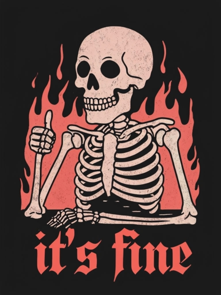 Light Pink Skeleton with Flames and 'It's Fine' Phrase Art Poster