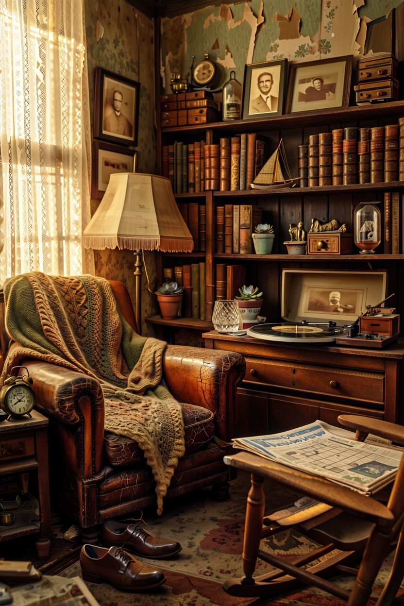 Cozy Vintage Living Room: A Photorealistic Nostalgic Scene in Rich Textures and Warm Light