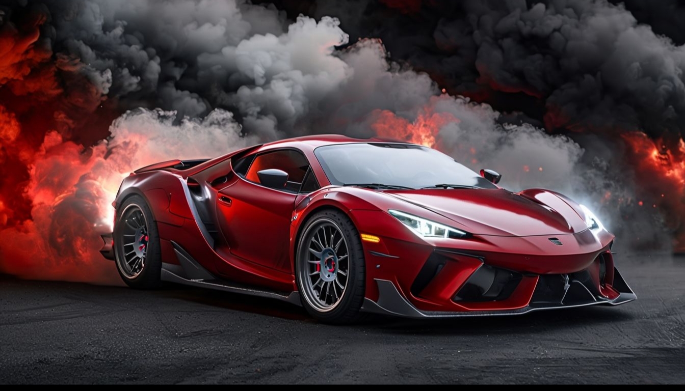 Dynamic Red Sports Car with Chaotic Flames Virtual Background