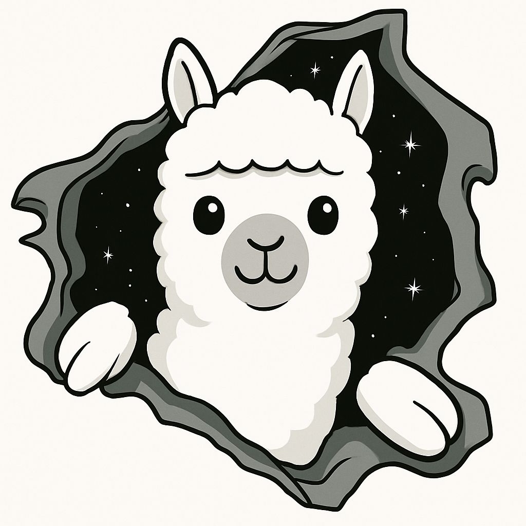 Fluffy Cartoon Alpaca Emerging from Cosmic Tear Illustration Sticker
