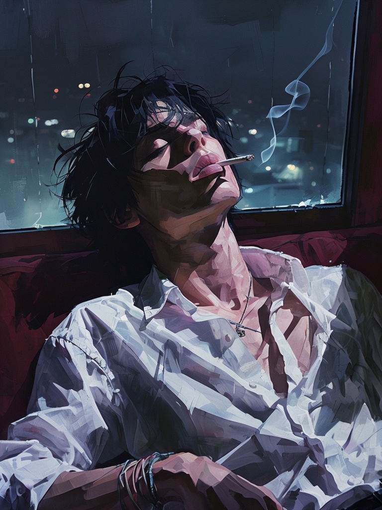 Contemplative Figure Reclining by Rain-Streaked Window Art