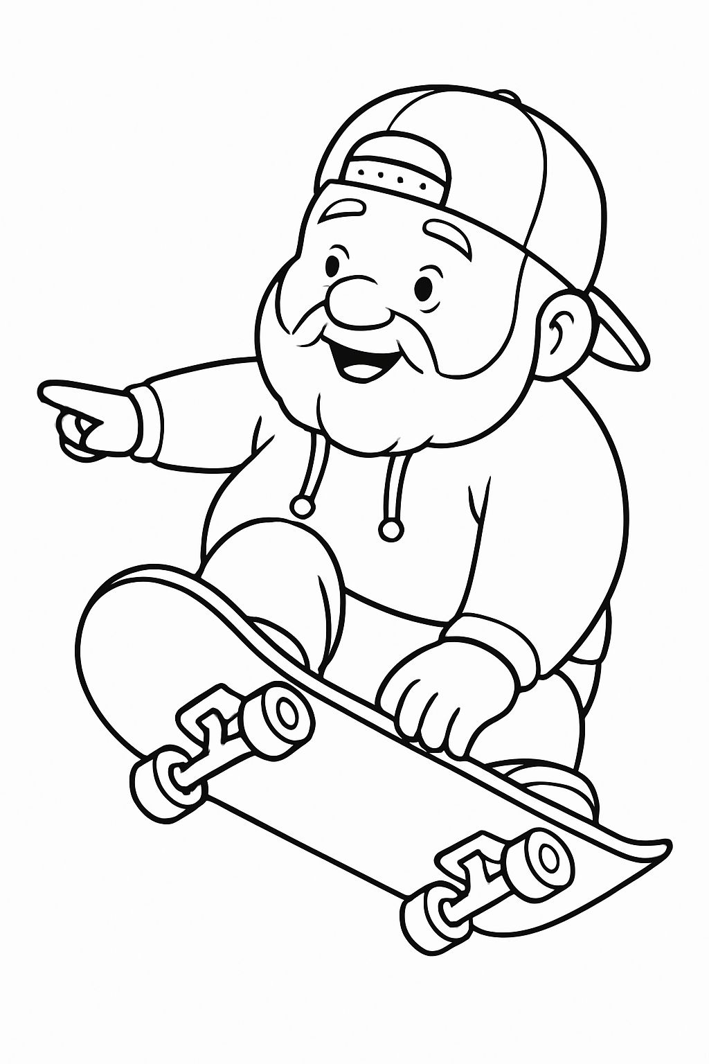 Elderly Man Skateboarding Cartoon Character Line Drawing Coloring Book Pages
