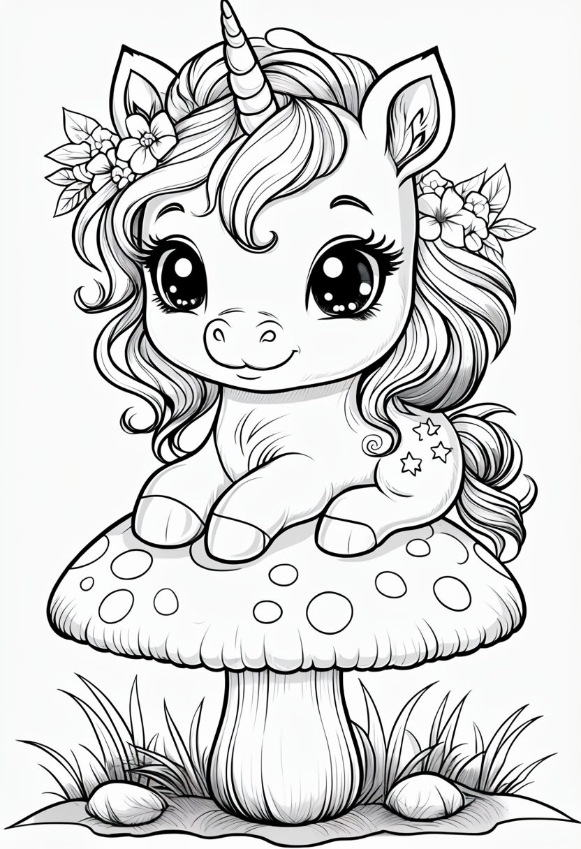 Cute Cartoon Unicorn on Mushroom Line Drawing for Coloring Book Pages