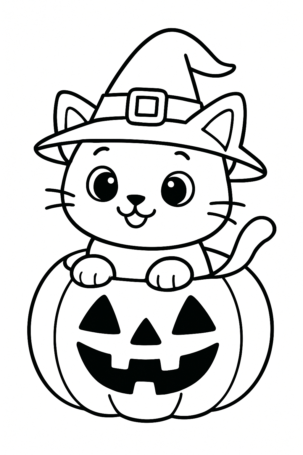 Cute Cartoon Cat Inside Jack-O'-Lantern Halloween Coloring Page