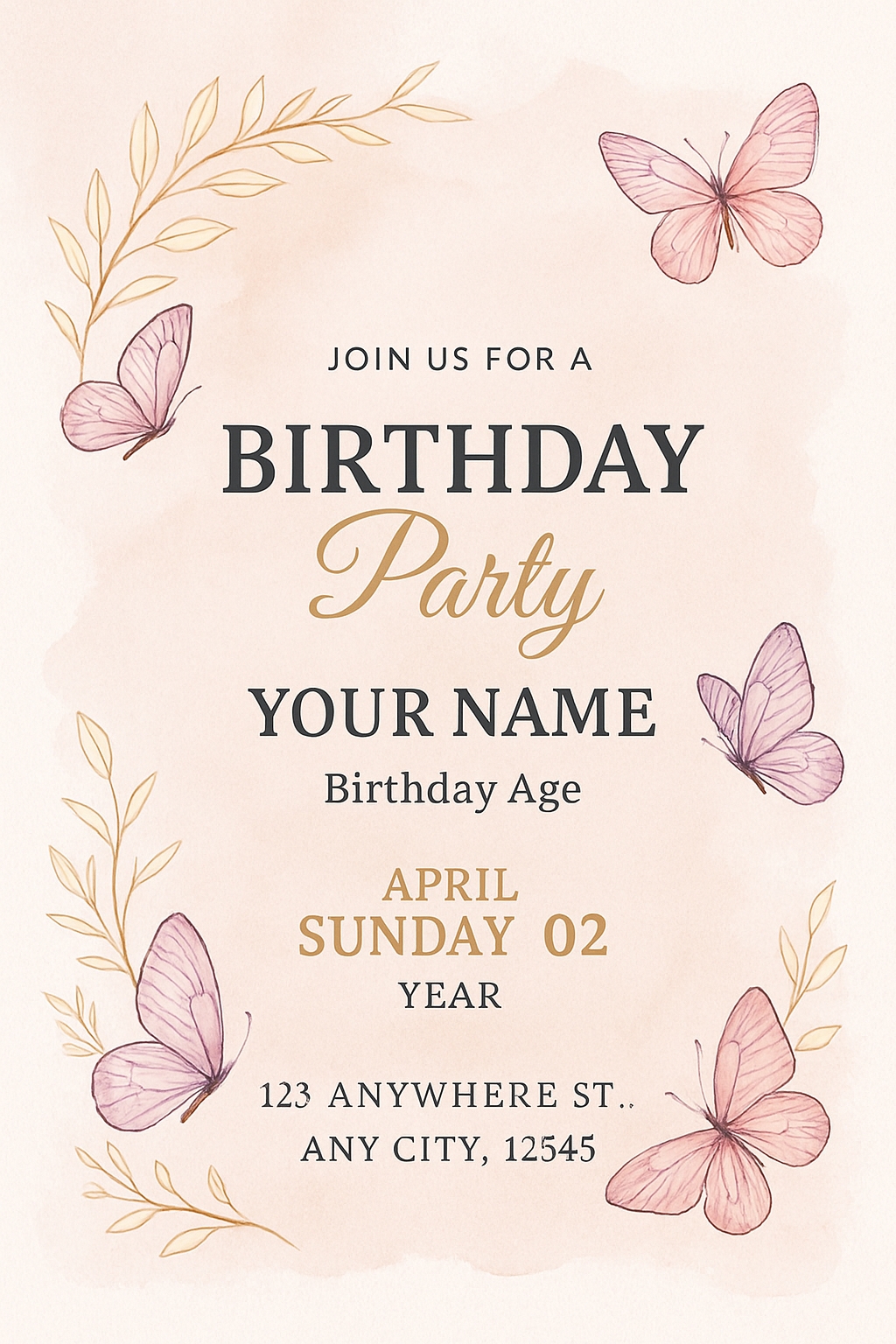 Elegant Pink Watercolor Birthday Party Invitation Card
