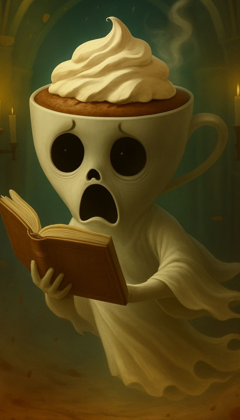 Surreal Ghostly Character with Cup Head and Book Mobile Wallpaper