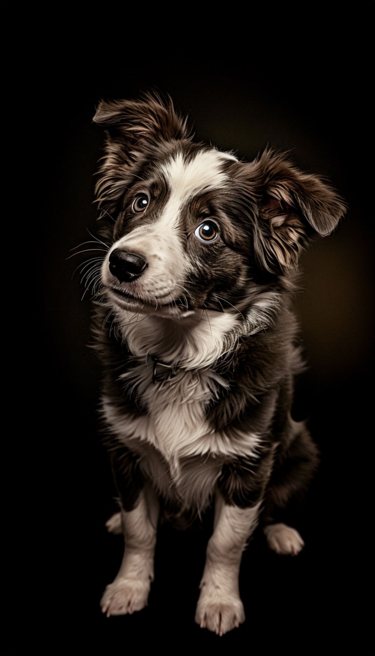 Gritty Black and White Border Collie Pup Portrait Art