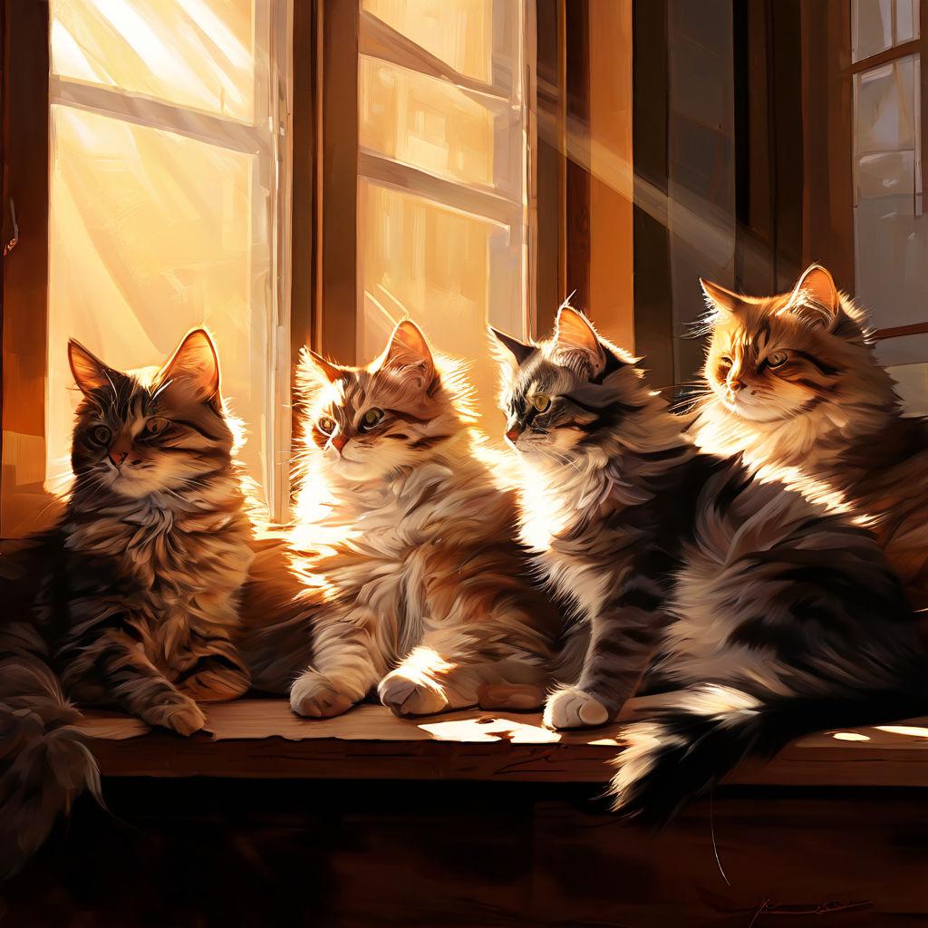 A cluster of cats lounging on a sundrenched windowsill by Макс