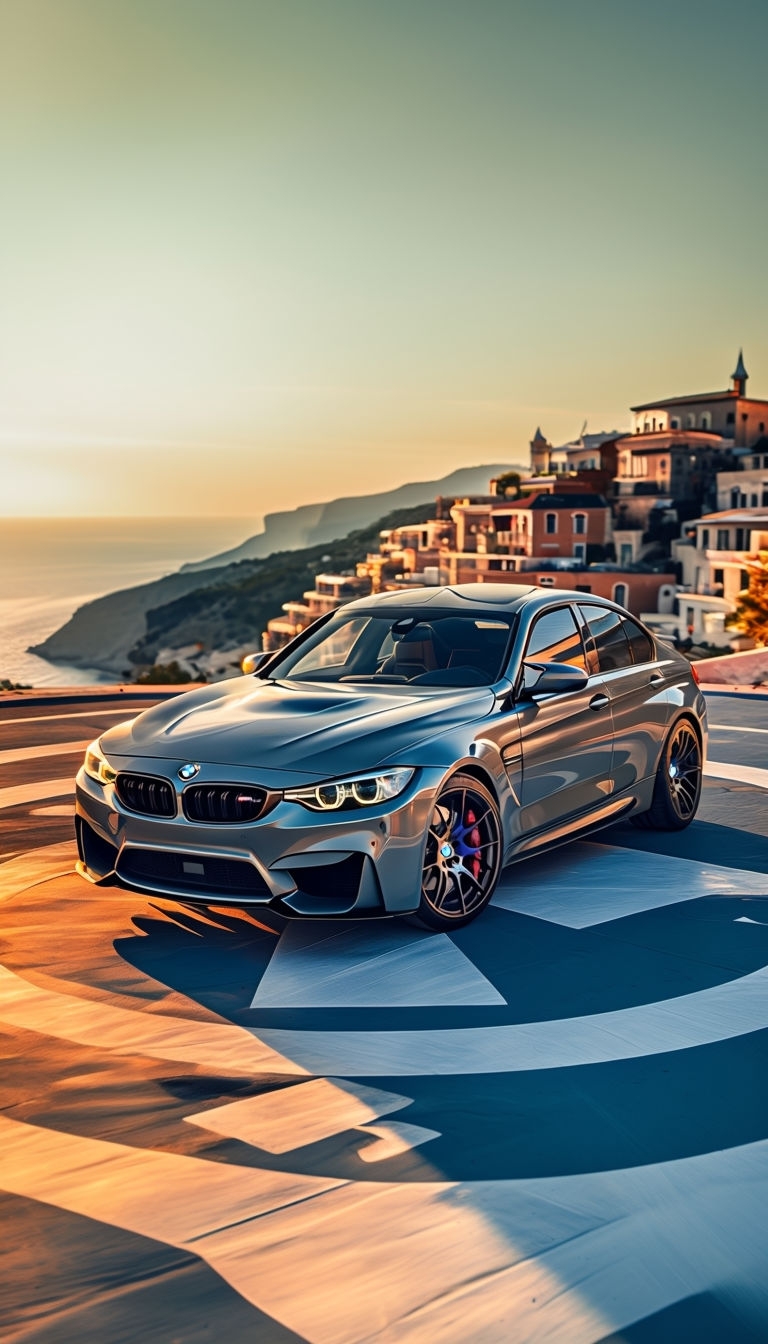 Luxury Grey BMW M3 on Mediterranean Helipad Mobile Wallpaper