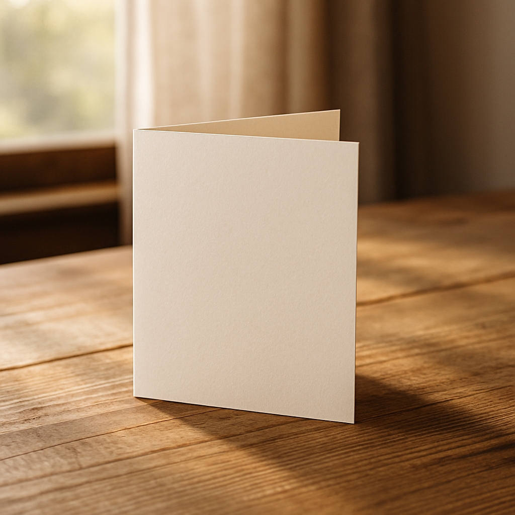 Minimalist Off-White Card on Warm Wooden Table Mockup