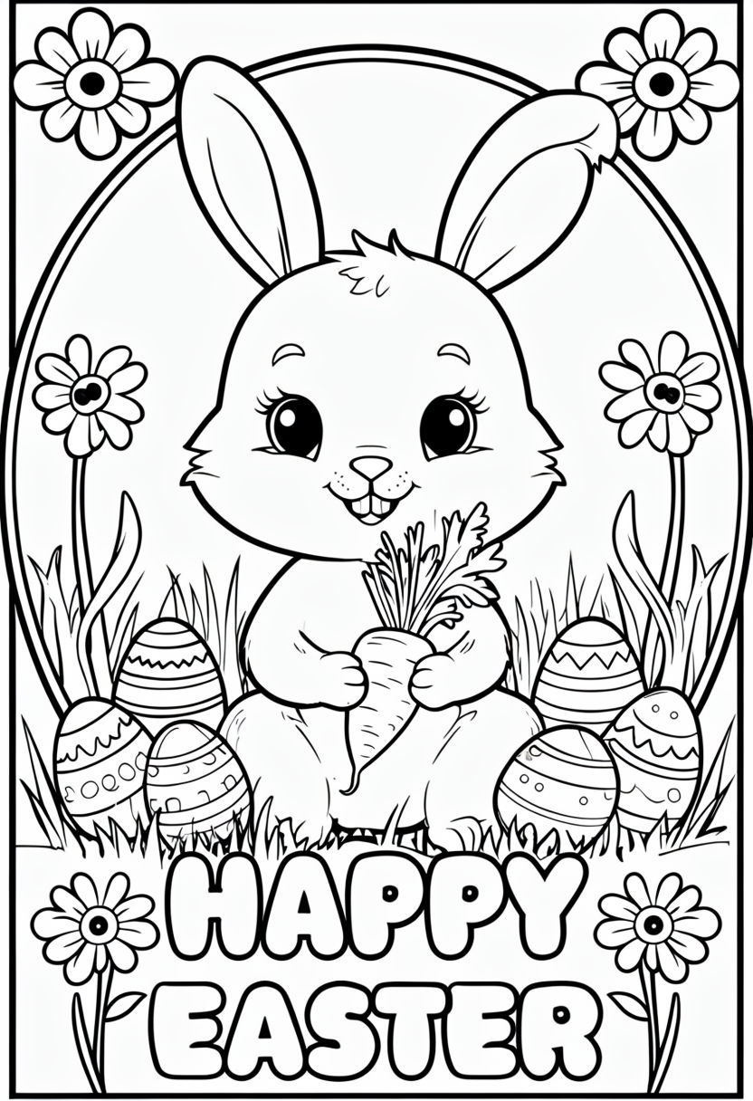 Cute Bunny with Carrot and Easter Eggs Coloring Page