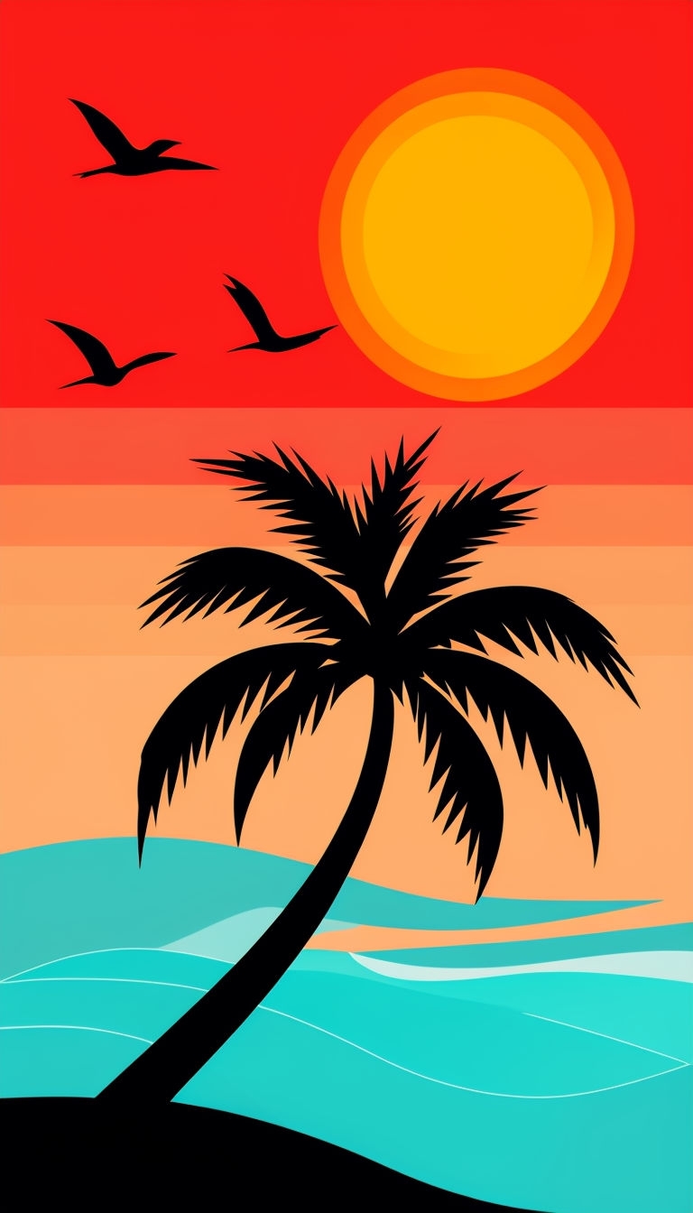 Vivid Tropical Sunset with Silhouetted Palm Tree Mobile Wallpaper