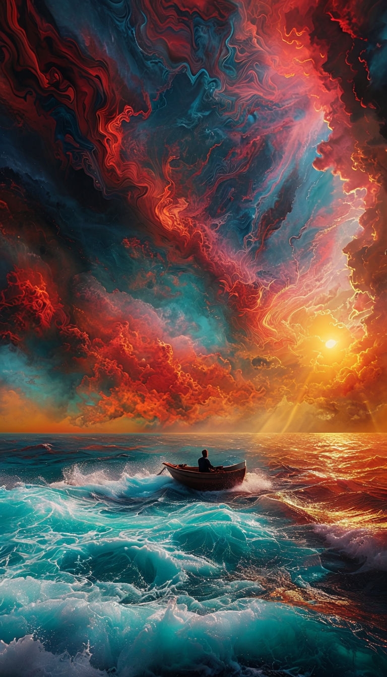 Dramatic Wooden Boat Navigating Colorful Ocean Waves Art