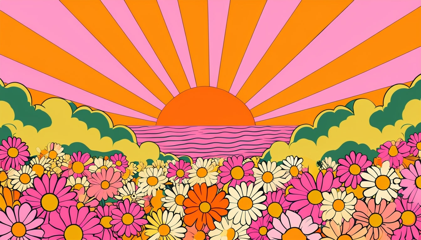 Vibrant Psychedelic Daisy Field with Sunbeams Virtual Background