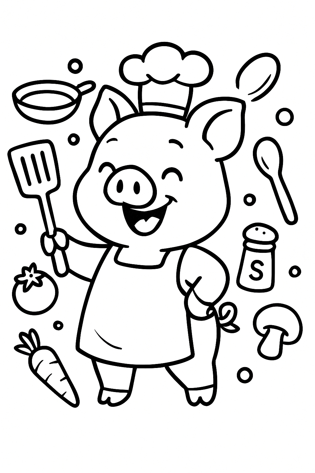 Cheerful Cartoon Chef Pig with Cooking Items Coloring Book Pages