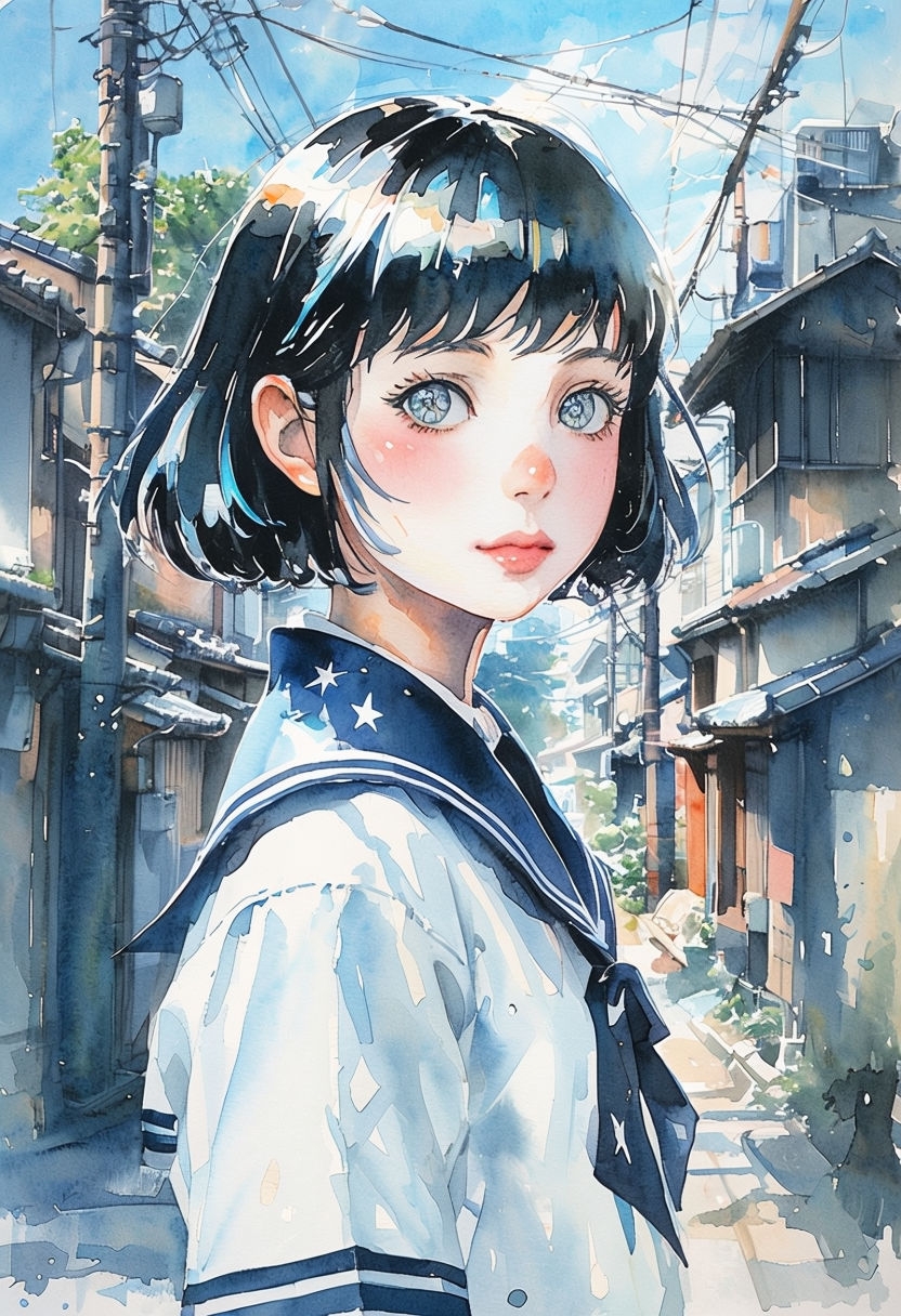 Urban Japanese Girl Watercolor Illustration in Alleyway Art