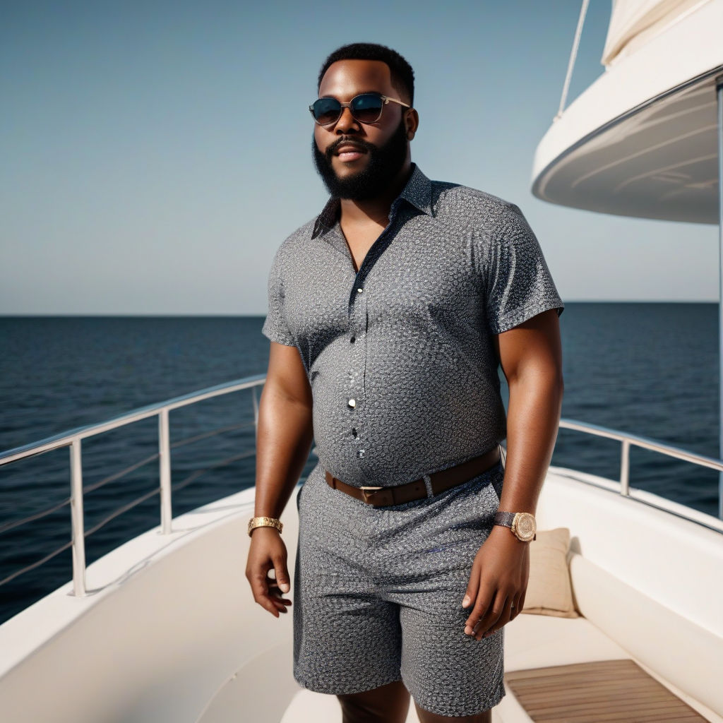 A young fat boy in small metal swim trunks.