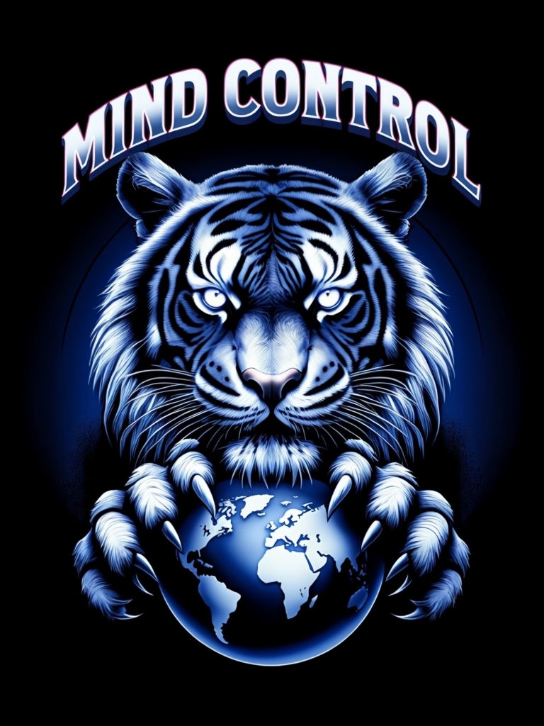 Surreal Blue Tiger with Third Eye and Mind Control Text Poster