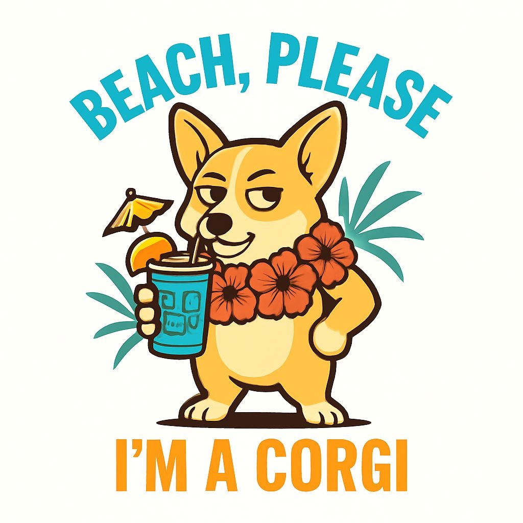 Relaxed Cartoon Corgi with Tropical Drink and Beach Vibes Sticker
