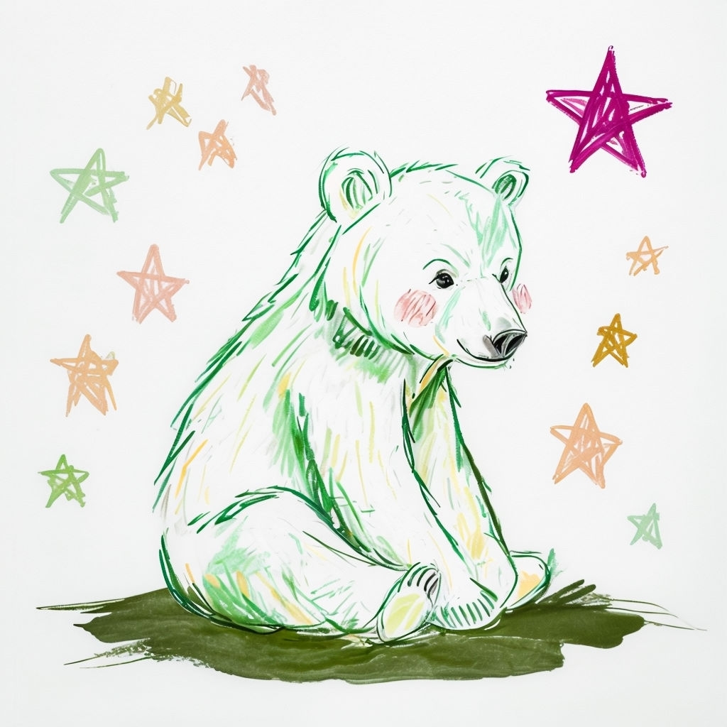 Whimsical White Bear Illustration Surrounded by Colorful Stars Art